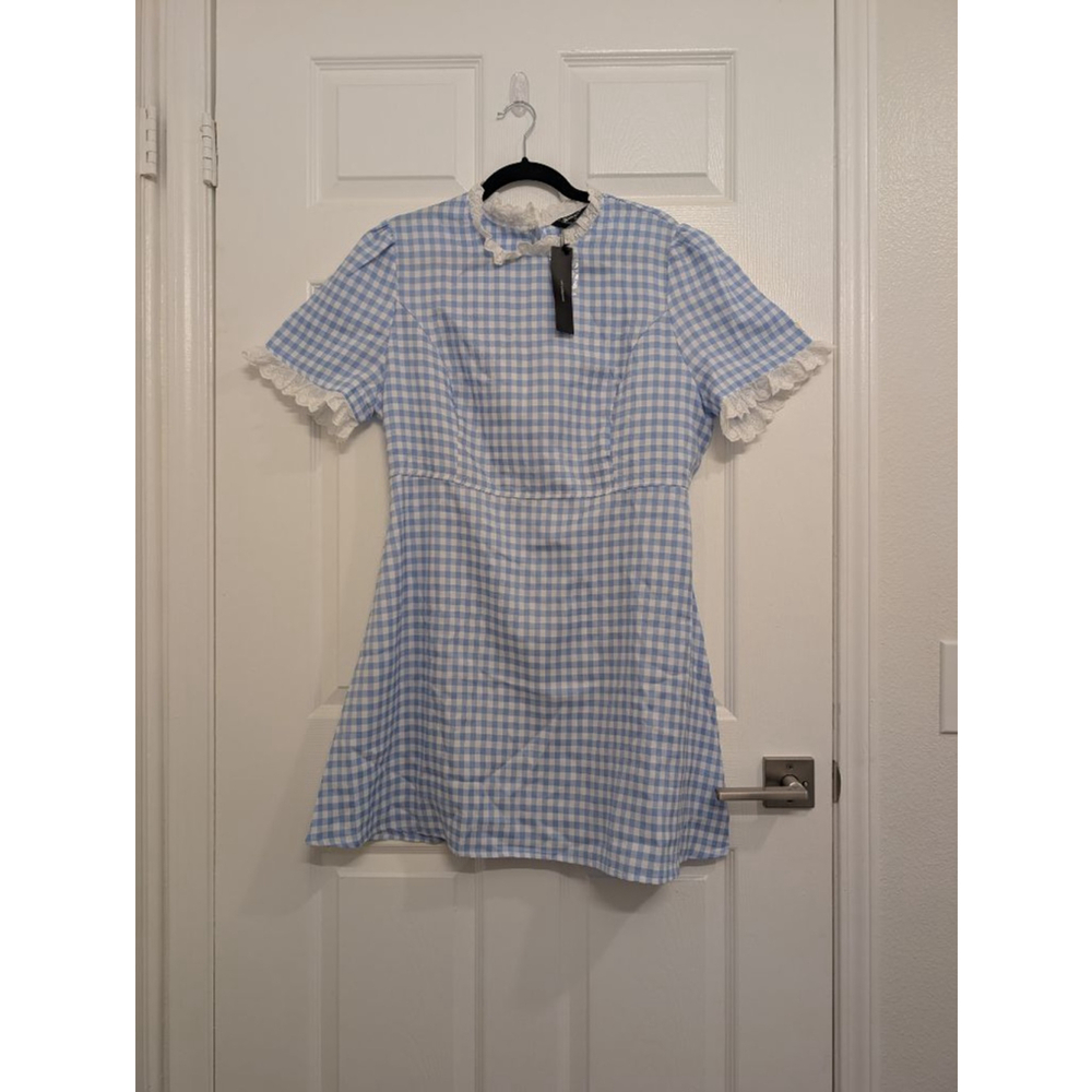 Cottagcore Gingnam Dress A-Line Mini Dress Peter Pan Collar High Neck Lace XL - Picture 3 of 7